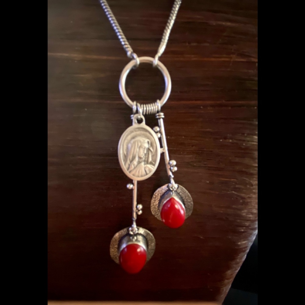 Virgin Mary Silver Coral Necklace